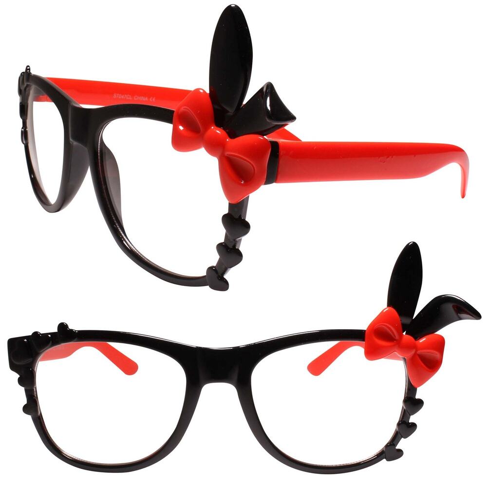 Bunny Ears Fun Party Colorful Cute Heart Accent Black & Red Clear Lens Glasses